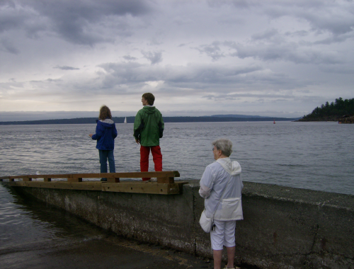 three babblers look across the water