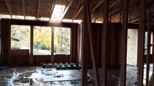 Looking out the living room window.  The unofficial "skylight" changes how the light comes in, but overall you can get a sense for how something overhead changes the feeling of the room.  I am SO glad I am getting a front door with 1/2 glass in it.  It will make the corner where the entry is much brights and more inviting.