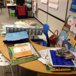 The reading table on Friday-- materials to sort, collate, cut, copy, and use next week!  